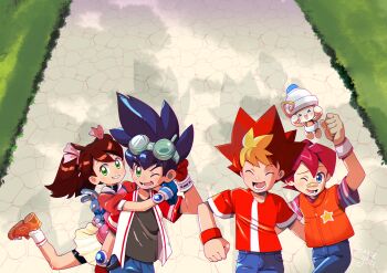Rule 34 | 1girl, 3boys, arm up, bandaid, bandaid on face, bandaid on nose, bike shorts, bike shorts under skirt, blue eyes, blue hair, brother and sister, brown eyes, clenched hand, denim, denim shorts, gloves, goggles, goggles on head, green eyes, happy, highres, hikaru (saru getchu), hug, jeans, kakeru (saru getchu), leg lift, leg up, looking at viewer, monkey, multiple boys, one eye closed, open clothes, pants, parted lips, pipo monkey, pointy hair, red hair, saru getchu, satoru (saru getchu), sayaka (saru getchu), shirt, short hair, shorts, siblings, smile, sony, teeth, twintails, wink