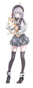 1girl ahoge alisa_mikhailovna_kujou animal beret black_boots black_hat black_thighhighs blue_eyes blue_nails boots full_body grey_hair grey_skirt hair_ribbon hat high_heel_boots high_heels highres holding holding_animal long_hair long_sleeves looking_at_viewer momoko_(momopoco) official_art open_mouth ribbon shirt simple_background skirt smile solo standing thighhighs tokidoki_bosotto_roshia-go_de_dereru_tonari_no_alya-san white_background white_shirt zettai_ryouiki