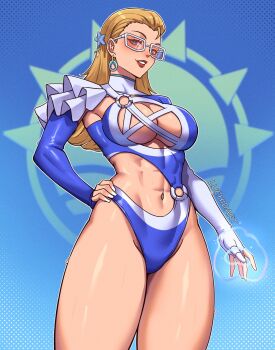 abs blonde_hair blue_background blue_eyes breasts cleavage cleavage_cutout clothing_cutout earrings fantastic_four from_below hair_ornament highleg highleg_one-piece_swimsuit highres jewelry large_breasts long_hair looking_at_viewer luchidart marvel marvel_rivals navel official_alternate_costume one-piece_swimsuit red_lips sue_storm sue_storm_(azure_shade) sunglasses swimsuit