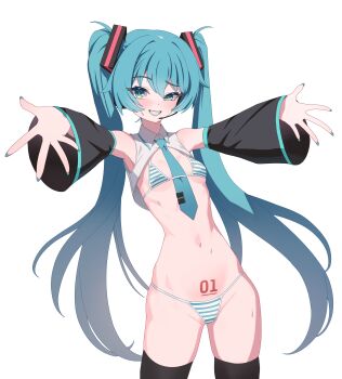 1girl :d absurdres adapted_costume bare_shoulders between_breasts bikini black_thighhighs blush breasts collared_shirt commentary cowboy_shot cropped_shirt detached_sleeves eyelashes furrowed_brow green_eyes green_hair green_nails green_necktie grin groin hair_between_eyes hatsune_miku highres long_hair long_sleeves looking_at_viewer micro_bikini nail_polish naughty_face navel necktie necktie_between_breasts number_tattoo open_mouth outstretched_arms outstretched_hand pubic_tattoo shirt simple_background sleeveless sleeveless_shirt small_breasts smile solo stomach striped_bikini striped_clothes sweat swimsuit tattoo td_(tandeom97) thighhighs thighs tsurime twintails underboob very_long_hair vocaloid white_background white_shirt wide_sleeves