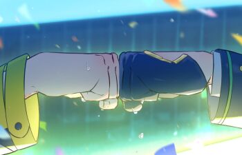 Rule 34 | 2girls, black gloves, black jacket, blurry, blurry background, commentary, confetti, fist bump, fuji kiseki (shooting star revue) (umamusume), fuji kiseki (umamusume), gloves, half gloves, hand focus, jacket, jungle pocket (champion's battle cry) (umamusume), jungle pocket (umamusume), long sleeves, m a r o, multiple girls, sweat, umamusume, yellow jacket