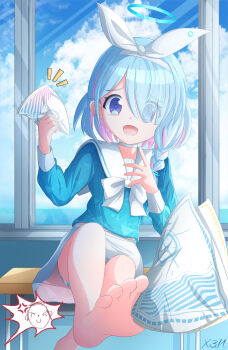 1girl absurdres arona_(blue_archive) barefoot between_toes blue_archive feet foot_focus foreshortening highres loli presenting_foot soles toes x3n