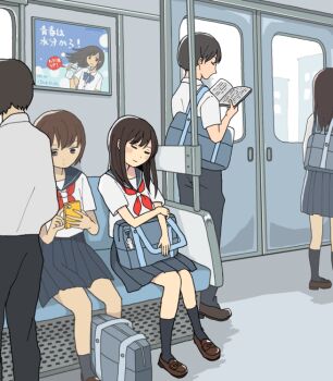 2boys 3girls animated animated_gif bag black_socks book brown_hair brown_shoes cellphone commentary_request day grey_sailor_collar grey_skirt heart holding holding_book holding_phone loafers long_hair looping_animation manmi multiple_boys multiple_girls neckerchief original phone pleated_skirt poster_(object) reading red_neckerchief sailor_collar school_uniform serafuku shirt shoes short_hair shoulder_bag sitting skirt smartphone socks standing train_interior white_shirt window