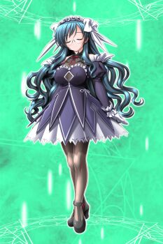 1girl breasts closed_eyes detached_sleeves dress game_cg glasses gloves green_hair henshin highres higuchi_isami large_breasts large_variant_set long_hair magic_circle magical_girl mahou_shoujo_sae maid maid_headdress nishijima_shouko non-web_source official_art pantyhose rimless_eyewear solo variant_set