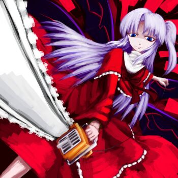 1girl blue_eyes chainsaw hair_bobbles hair_ornament highres ruka shinki_(touhou) side_ponytail silver_hair touhou touhou_(pc-98)