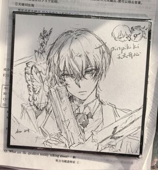 1boy character_request chibi chibi_inset collared_shirt commentary_request dante_(limbus_company) double-parted_bangs dual_wielding greyscale gun hair_between_eyes half-closed_eyes head_tilt highres holding holding_gun holding_weapon jacket limbus_company looking_at_viewer male_focus monarch_butterfly monochrome necktie project_moon rostina_rt serious shirt short_hair sketch solo_focus traditional_media upper_body vest weapon yi_sang_(project_moon)