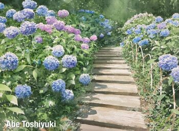 abe_toshiyuki artist_name blue_flower commentary_request day flower highres no_humans original outdoors painting_(medium) path pink_flower plant road ryuuki_(hydrangea) scenery stairs sunlight traditional_media watercolor_(medium)