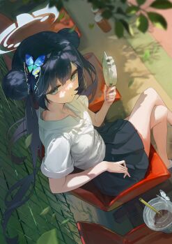 1girl absurdres alternate_costume black_hair black_skirt blue_archive commentary_request crossed_legs double_bun dragon_print grey_eyes grey_halo hair_bun halo highres kisaki_(blue_archive) korean_commentary lizchief long_hair looking_at_viewer shirt skirt solo twintails white_shirt