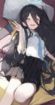 1girl absurdres aris_(blue_archive) black_hair black_skirt blue_archive blue_eyes blue_necktie collared_shirt game_console harui_(huruyi_817) head_on_pillow highres knee_up long_hair lying necktie on_back on_bed open_mouth pillow pleated_skirt school_uniform shirt side_ponytail skirt solo teeth upper_teeth_only v white_shirt
