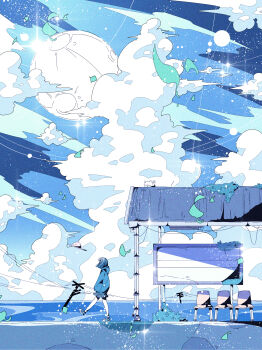 1girl absurdres blue_sky blue_theme bus_stop cloud commentary_request cumulonimbus_cloud highres moon nekofood_lima night ocean original outdoors scenery sky standing very_wide_shot