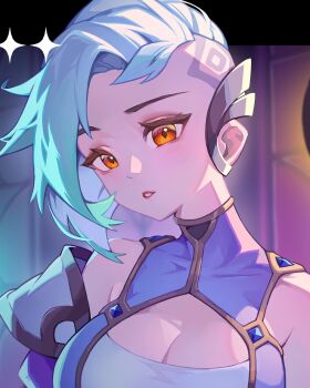 Rule 34 | 1girl, asymmetrical hair, bare shoulders, breasts, cleavage, commentary, dress, english commentary, eyelashes, highres, lips, little dchan, mismatched eyebrows, orange eyes, original, portrait, short hair, sidecut, solo, star (symbol), undercut, white hair