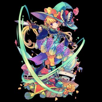 1girl ascot black_ascot black_background blonde_hair blue_eyes boots bow breasts closed_mouth couch dress dual_wielding flower full_body green_boots green_dress green_hat hair_ornament hat hat_bow head_tilt highres holding holding_knife knee_boots knife large_hat leaf low_twintails medium_breasts merc_storia merc_storia_art_team mirror official_art outstretched_arm rose short_dress simple_background solo standing striped_bow sylvaria_(merc_storia) tachi-e thighhighs twintails witch witch_hat wooden_floor yellow_flower yellow_rose yellow_thighhighs