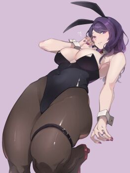 1girl animal_ears armpits asahina_mafuyu's_mother bare_arms bare_shoulders belt black_leotard breasts brown_pantyhose cleavage commentary_request covered_navel detached_collar fake_animal_ears from_below hand_up heart high_heels highleg highleg_leotard highres jewelry large_breasts leotard long_hair looking_at_viewer nail_polish necktie pantyhose parted_lips playboy_bunny project_sekai purple_eyes purple_hair purple_nails rabbit_ears red_necktie red_shoes ring shoes sidelocks simple_background solo strapless strapless_leotard swept_bangs thick_thighs thigh_belt thigh_strap thighs tsurime wedding_ring wrist_cuffs yueni_otofu