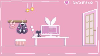 1girl animal_ears animated animated_png computer desk door green_eyes indie_virtual_youtuber mochizuki_nako oyuzaki_(ayuzaki) pink_hair pixel_art rabbit_ears rabbit_girl solo virtual_youtuber walking