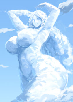 Rule 34 | 1girl, arms up, blue sky, breasts, closed mouth, cloud, commentary, curvy, english commentary, large breasts, long hair, looking at viewer, nisetanaka, original, outdoors, sky, smile, solo