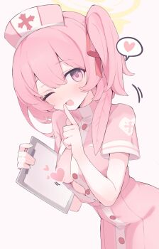 1girl blue_archive blush breasts censored censored_nipples commentary dress halo hat heart heart_censor highres hone_kawa medium_breasts nurse_cap one_eye_closed pink_dress pink_eyes pink_hair serina_(blue_archive) serina_(nurse)_(blue_archive) simple_background solo spoken_heart