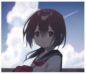 1girl black_hair blue_eyes blue_sky border closed_mouth cloud cloudy_sky commentary cumulonimbus_cloud day double-parted_bangs expressionless highres long_hair looking_at_viewer original school_uniform serafuku short_hair sky solo symbol-only_commentary white_border zoirun