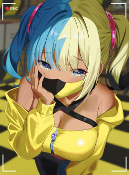 1girl absurdres blonde_hair blue_eyes blue_hair blurry blurry_background breasts canari_(pokemon) cathy_idx checkered_floor cleavage collarbone crop_top dark-skinned_male dark_skin hair_ornament highres jacket leaning_forward looking_at_viewer mask medium_breasts mouth_mask nintendo pokemon pokemon_legends:_z-a recording solo twintails viewfinder yellow_jacket zipper_pull_tab