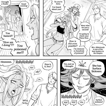 Rule 34 | 1boy, 2girls, absurdres, ahegao, bb (baalbuddy), brother and sister, brother and step-sister, casual, crop top, crying, crying with eyes open, dark-skinned female, dark elf, dark skin, dolphin shorts, earrings, elf, english text, hands on another's head, healing, highres, jewelry, left-to-right manga, midriff, multiple girls, nervous sweating, nurse, original, pointy ears, ponytail, rolling eyes, shorts, siblings, snot, speech bubble, sphere earrings, step-brother and step-sister, step-siblings, sweat, tank top, tears, willford diccard, zana (dark elf stepsister)