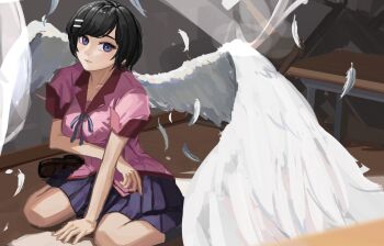 1girl :| absurdres alternate_breast_size angel angel_wings arm_under_breasts between_legs black_hair blue_eyes breasts brown_shoes classroom closed_mouth collarbone commentary desk expressionless falling_feathers feathers hair_ornament hairclip hand_between_legs hanekawa_tsubasa highres light_beam lips loafers looking_at_viewer medium_breasts monogatari_(series) naoetsu_high_school_uniform neck_ribbon nekomonogatari nemo_ringo on_floor pleated_skirt puffy_short_sleeves puffy_sleeves purple_ribbon purple_skirt ribbon school_desk school_uniform shoes short_hair short_sleeves sitting skirt solo swept_bangs symbol-only_commentary wariza white_feathers white_wings wings wooden_floor
