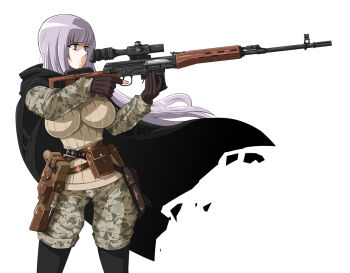 1girl belt breasts cape dragunov_svd enoshima_iki female_focus female_soldier fingerless_gloves gloves grey_eyes gun handgun holster impossible_clothes impossible_shirt large_breasts long_hair mauser_c96 military military_fatigues military_operator military_uniform muzzle_device original pantyhose pantyhose_under_shorts pistol pouch purple_hair rifle scope shirt shorts silver_hair simple_background sniper_rifle solo strap thumbhole_stock weapon