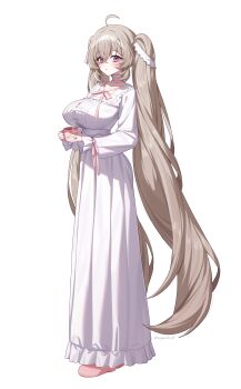 1girl absurdres ahoge breasts brown_hair commentary cup dress english_commentary full_body highres holding holding_cup large_breasts long_hair long_sleeves mug original parted_lips pink_slippers purple_eyes simple_background slippers solo taiyaki12 twintails twitter_username very_long_hair white_background white_dress