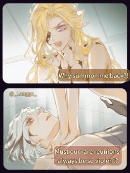 2girls arlecchino_(genshin_impact) bare_shoulders black_hair black_hands black_mask blonde_hair ceiling closed_mouth colored_extremities commentary english_commentary english_text eye_mask genshin_impact girl_on_top half_mask highres langgo lying mask mask_over_one_eye multicolored_hair multiple_girls on_back one_eye_covered open_mouth red_pupils signora_(genshin_impact) speech_bubble streaked_hair symbol-shaped_pupils twitter_username two-tone_hair white_hair x-shaped_pupils yuri