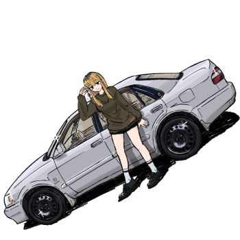 1girl black_eyes black_hair black_shoes black_shorts brown_hair brown_sweater car commentary elmf english_commentary glint grey_car highres looking_at_viewer motor_vehicle multicolored_hair original shadow shoes short_shorts shorts simple_background smile socks solo sweater toyota toyota_corolla vehicle_focus white_background white_socks