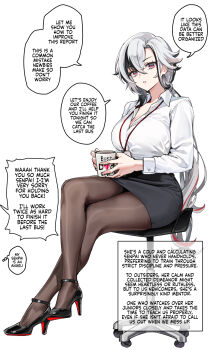 1girl alternate_costume arlecchino_(genshin_impact) black_hair black_shoes black_skirt breasts brown_pantyhose crossed_legs cup english_text foxyreine full_body genshin_impact grey_hair hair_between_eyes highres holding holding_cup lanyard large_breasts long_hair looking_at_viewer multicolored_hair office_lady on_stool pantyhose pencil_skirt ponytail red_eyes red_hair shirt shoes simple_background sitting skirt solo speech_bubble white_background white_shirt