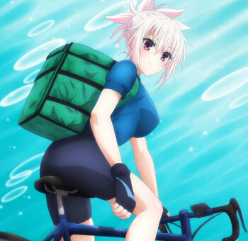 Rule 34 | 1girl, anime screenshot, ayakashi triangle, backpack, bag, bicycle, bike shorts, black shorts, blue shirt, breasts, closed mouth, fingerless gloves, from behind, genderswap, genderswap (mtf), gloves, green bag, hair between eyes, kazamaki matsuri, kazamaki matsuri (female), large breasts, looking at viewer, looking back, perky breasts, red eyes, riding, riding bicycle, shiny skin, shirt, shorts, sidelocks, smile, solo, stitched, third-party edit, white hair