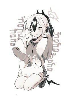1girl absurdres animal animal_on_lap animal_on_shoulder black_choker blue_archive blush cat cat_on_lap cat_on_shoulder choker commentary_request demon_girl demon_horns demon_wings double-parted_bangs full_body hair_between_eyes halo highres holding holding_animal holding_cat hood hoodie horns kayoko_(blue_archive) kisaka kneeling long_sleeves low_wings miniskirt mole mole_on_neck monochrome multicolored_hair multiple_cats on_lap ponytail shoes sidelocks simple_background single_wing skirt sleeves_past_wrists sneakers sound_effects squatting two-tone_hair white_background wings