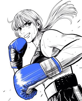 Rule 34 | 1girl, blue gloves, boxing, boxing gloves, boxing shorts, breasts, commentary request, flying sweatdrops, gloves, hatching (texture), highres, lee (dragon garou), linear hatching, low ponytail, medium breasts, midriff, monochrome, motion lines, mouth guard, original, ponytail, punching, shorts, smile, solo, sports bra, spot color, sweat, toned, toned female, upper body, very sweaty
