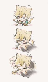 2boys :3 :d animal_ears aventurine_(honkai:_star_rail) blonde_hair blue_eyes blush borderless_panels cat_boy cat_ears cat_tail cheesegohanpan chibi chin_rub closed_eyes closing_eyes coat coin crossed_bangs dr._ratio_(honkai:_star_rail) earrings fingerless_gloves full_body fur_scarf gloves hair_between_eyes holding honkai:_star_rail honkai_(series) jewelry kemonomimi_mode male_focus mini_person miniboy multicolored_eyes multiple_boys open_mouth pants purple_eyes ringed_eyes short_hair single_earring sitting sleeping sleepy smile squeans tail two-tone_eyes zzz