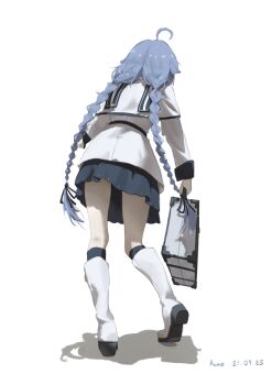 1girl ahoge black_socks blue_hair boots coat from_behind highres long_hair mushoku_tensei pamo pleated_skirt roxy_migurdia skirt socks solo standing suitcase twintails very_long_hair