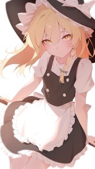 1girl 25omega25 apron back_bow black_hat black_skirt black_vest blonde_hair bow braid broom broom_riding closed_mouth commentary_request frilled_skirt frills green_bow hair_bow hat hat_bow highres kirisame_marisa long_hair looking_at_viewer puffy_short_sleeves puffy_sleeves short_sleeves side_braid single_braid skirt solo touhou vest waist_apron white_apron white_bow witch_hat yellow_eyes