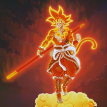 1boy animal_print aura barefoot bead_necklace beads belt bo_staff body_fur bracer circlet clenched_hand cloud cloudy_sky dougi dragon_ball dragon_ball_(object) dragon_ball_super faustianbargainbin fiery_aura fighting_stance flying_nimbus full_body glowing grey_nails hand_up highres holding holding_polearm holding_weapon jewelry martial_arts_belt monkey_boy monkey_tail muscular muscular_male necklace no_shoes on_cloud orange_dougi orange_fur orange_hair orange_pants orange_tail pants pectorals polearm procreate_(medium) red_aura red_eyes red_ribbon redesign ribbon ruyi_jingu_bang saiyan shin_guards sky smirk solo son_goku spiked_hair standing standing_on_one_leg super_saiyan super_saiyan_god tail tiger_print torn_clothes waist_cape weapon white_belt
