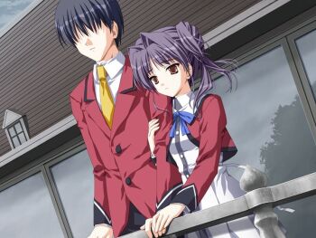 1boy 1girl clenched_hand closed_mouth cloud cloudy_sky crossed_arms doko_e_iku_no_ano_hi game_cg kanno_touko mogi_kazuha non-web_source purple_hair red_eyes ribbon school_uniform side_ponytail skirt sky
