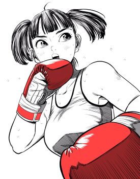 1girl ahoge boxing boxing_gloves breasts commentary dutch_angle flying_sweatdrops gloves hatching_(texture) highres large_breasts lee_(dragon_garou) monochrome open_mouth original red_gloves solo sports_bra spot_color sweat twintails upper_body