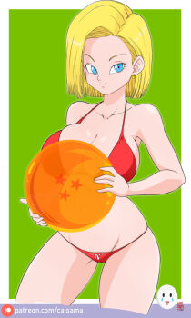 1girl android_18 blonde_hair blue_eyes breasts caisama dragon_ball dragon_ball_(object) dragonball_z highres large_breasts short_hair smile swimsuit