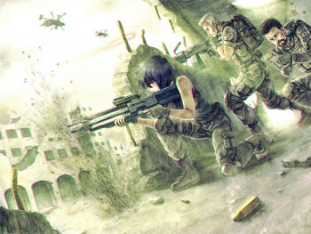 1girl 2boys aircraft batou_(gits) battle battlefield building eply fn_minimi ghost_in_the_shell helicopter kusanagi_motoko looking_to_the_side military multiple_boys rebar ruins shell_casing taking_cover