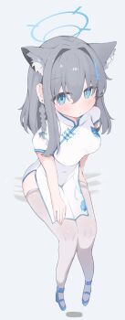 1girl absurdres alternate_breast_size_(larger) alternate_costume animal_ear_fluff animal_ears blue_archive blue_eyes blue_halo breasts china_dress chinese_clothes commentary_request dress extra_ears grey_hair halo highres nui_(nuinui0300) partial_commentary shiroko_(blue_archive) solo thighhighs variant_set wolf_ears