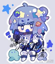 Rule 34 | !, 1girl, ahoge, bcy username, black gloves, black pantyhose, blue eyes, blue gloves, blue hair, blush stickers, boots, bright pupils, chibi, earth (ornament), full body, gloves, grey background, hair ornament, helmet, holding, holding helmet, long sleeves, medium hair, octopus, open mouth, original, outline, pantyhose, planet hair ornament, puffy long sleeves, puffy sleeves, simple background, single hair ring, snow yuexia duzhuo, snowflakes, solo, space helmet, spacesuit, star-shaped pupils, star (symbol), star hair ornament, sweater, symbol-shaped pupils, third-party source, two-tone gloves, v-shaped eyebrows, watermark, white footwear, white helmet, white outline, white pupils, white sleeves, white sweater
