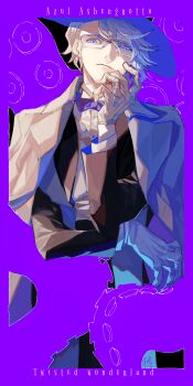 1boy azisaiharumaki56 azul_ashengrotto black_jacket bow character_name closed_mouth commentary_request copyright_name glasses gloves grey_hair highres jacket jacket_on_shoulders looking_at_viewer male_focus purple_background purple_bow shirt short_hair simple_background solo twisted_wonderland white_gloves white_shirt