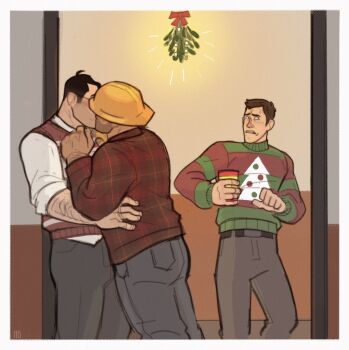 3boys bara blush character_request cheating_(relationship) creedei engineer_(tf2) feet_out_of_frame from_side hairy highres kiss male_focus medic_(tf2) mistletoe multiple_boys profile red_engineer_(tf2) scout_(tf2) standing team_fortress_2 thick_eyebrows yaoi