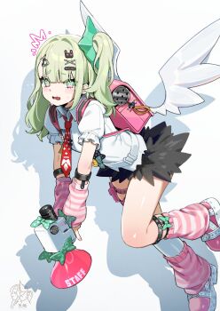 Rule 34 | 1girl, ^^^, arm warmers, bandaid, bandaid hair ornament, black skirt, blush, commentary, english commentary, flying, frilled sleeves, frills, from side, fur-trimmed skirt, fur trim, green eyes, green hair, hair ornament, heart, heart hair ornament, highres, holding, holding megaphone, leg warmers, looking at viewer, megaphone, multicolored eyes, multiple hair clips, multiple thigh straps, necktie, open mouth, pink arm warmers, pink bag, pink eyes, pink leg warmers, pink shoes, red necktie, shadow, shirt, shoes, simple background, skirt, solo, striped arm warmers, striped leg warmers, sunna (zenless zone zero), sweat, tenchi mayo, thigh strap, white background, white shirt, white wings, winged bag, wings, zenless zone zero