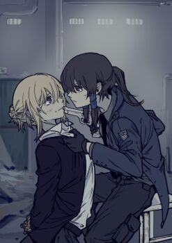 2girls absurdres alley alternate_costume alternate_hairstyle arms_behind_back at_gunpoint bad_id bad_pixiv_id belt black_gloves black_hair black_jacket black_necktie black_pants blonde_hair blood blood_on_face bloody_weapon blouse bound bound_wrists braid clothes_grab collared_shirt contemporary dark expressionless face-to-face french_braid from_side gloves grey_shirt gun hair_bun hair_tubes hakurei_reimu highres holding holding_gun holding_weapon huang_gua indoors jacket kneeling long_sleeves looking_at_another multiple_girls necktie no_headwear open_collar pants police police_uniform ponytail purple_eyes red_eyes scratches shirt shirt_grab short_ponytail sidelocks single_hair_bun sitting tied_up touhou warehouse weapon white_shirt yakumo_yukari