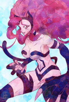 Rule 34 | 1girl, animal ears, animal hands, bare shoulders, black fur, breasts, cat ears, cat girl, cat tail, claws, darkstalkers, felicia (darkstalkers), goichimonji, large breasts, long hair, looking at viewer, pink eyes, pink hair, tail, very long hair