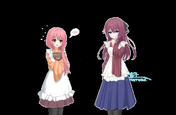 2girls :p animated animated_gif apron blinking blue_eyes blue_hakama blush chinese_commentary closed_mouth commentary_request cowboy_shot eyes_visible_through_hair flying_sweatdrops frilled_apron frills fuchuangzi_summerwind hair_between_eyes hakama hand_up heart holding holding_menu index_finger_raised japanese_clothes kimono kurama_koharu long_hair long_sleeves looking_at_viewer looping_animation low_ponytail maid maid_apron maniwa_roka menu multiple_girls official_alternate_costume official_alternate_hairstyle orange_kimono outline pink_hair pixel_art ponytail red_hair red_kimono senren_banka side-by-side signature simple_background smile speech_bubble split_mouth spoken_blush striped_clothes striped_kimono sweatdrop tongue tongue_out transparent_background vertical-striped_clothes vertical-striped_kimono wa_maid watermark white_apron white_outline wide_sleeves yellow_eyes