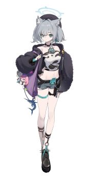 1girl absurdres abydos_high_school_logo akirayang23 alternate_costume animal_ear_fluff animal_ears animal_print bag belt black_belt black_choker black_shoes blue_archive blue_eyes blue_halo choker commentary cow_print denim denim_shorts full_body grey_hair hair_intakes halo highres jewelry looking_at_viewer medium_hair mismatched_pupils navel pendant shiroko_(blue_archive) shoes shorts simple_background solo spiked_choker spiked_shoes spikes standing strapless thigh_strap torn_clothes torn_shorts tube_top white_background wolf_ears wolf_girl