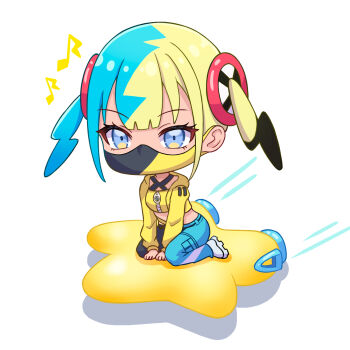 1girl bandeau belt blue_eyes canari_(pokemon) chibi chibi_only commentary_request eyelashes highres hood hood_down hooded_jacket jacket kirby_(series) kirby_air_ride kirby_air_riders long_sleeves mask motion_lines mouth_mask multicolored_hair musical_note nintendo open_clothes open_jacket pants pokemon pokemon_legends:_z-a ripi_ur shoes sitting solo twintails white_background yellow_bandeau yellow_jacket zipper zipper_pull_tab